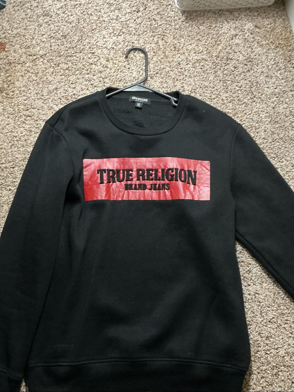 True Religion Black Crewneck Sweatshirt with Red Logo Panel